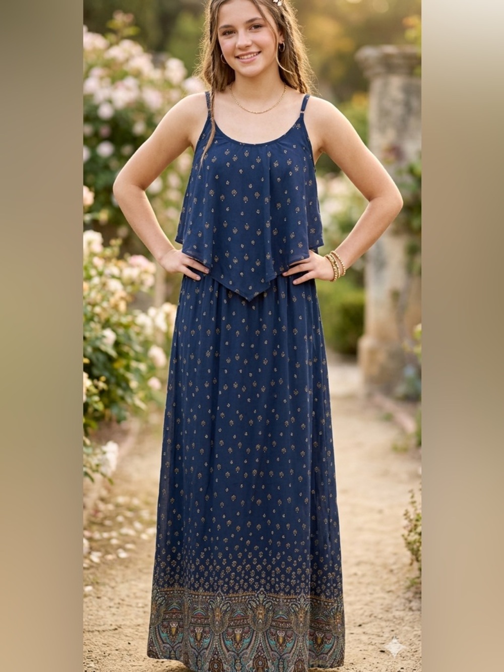 Xhilaration Blue Maxi Dress with Floral Accents Women’s Medium